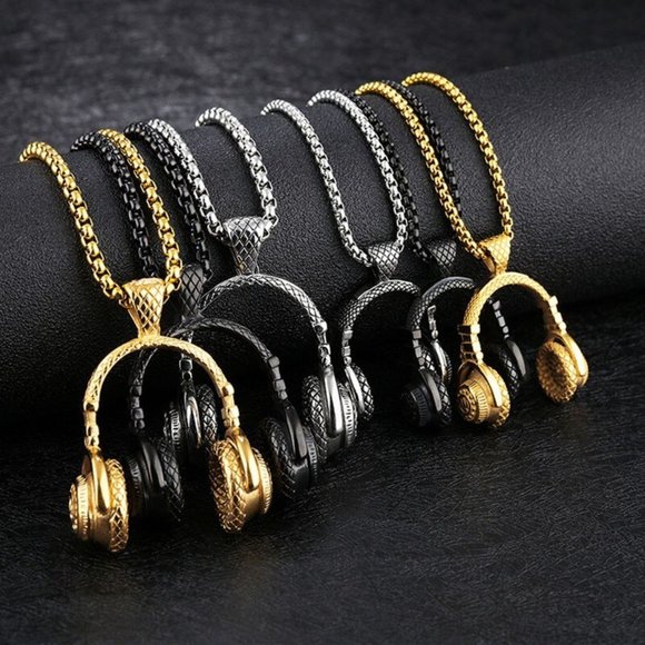 Stainless Steel DJ Music Headphone Pendant Long Chain Hip Hop Rock - Picture 8 of 16